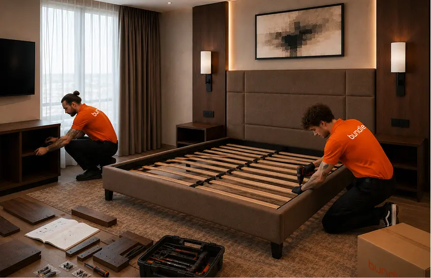 Bundle team assembling a bed in a bedroom
