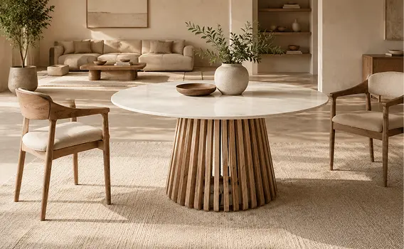 Dining room with a wooden table and green chairs