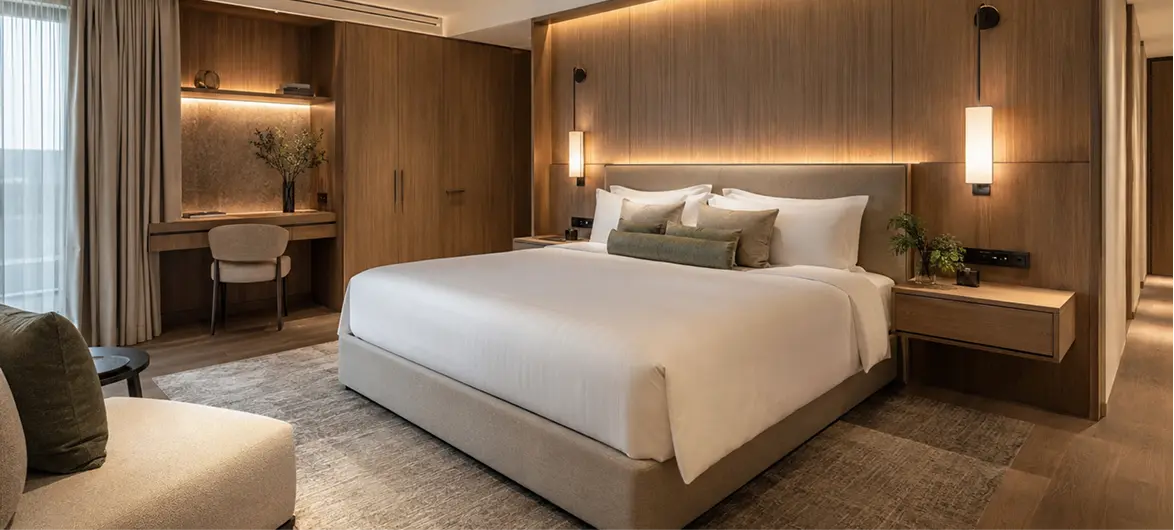 Fully furnished hotel room ready to welcome its guests