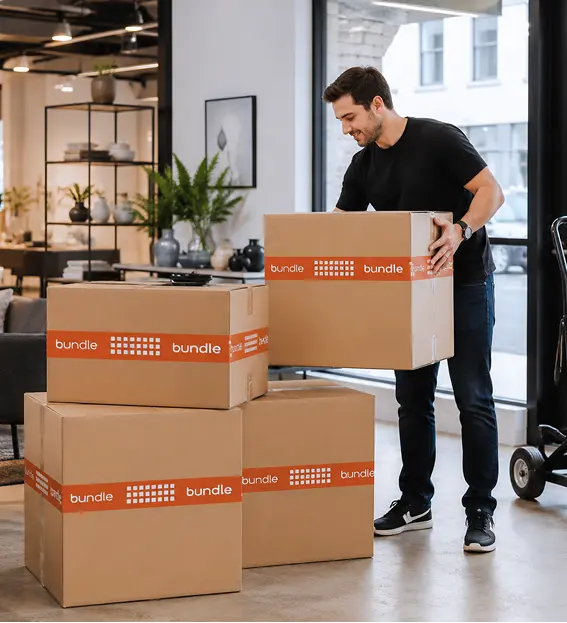 Bundle delivery driver handling boxes in the showroom
