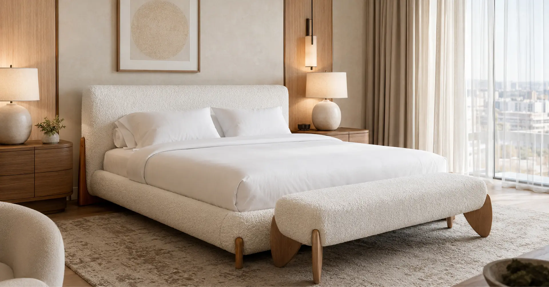 Contemporary bedroom with a bouclé fabric bed and a matching bench