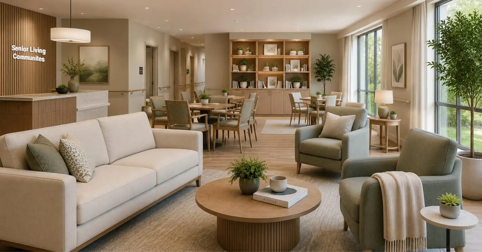 Common lounge in a senior residence with armchairs and a dining area