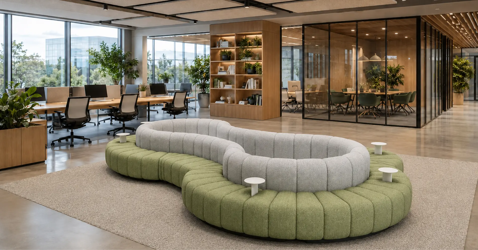 Open-plan office with workstations and a modular bench seat