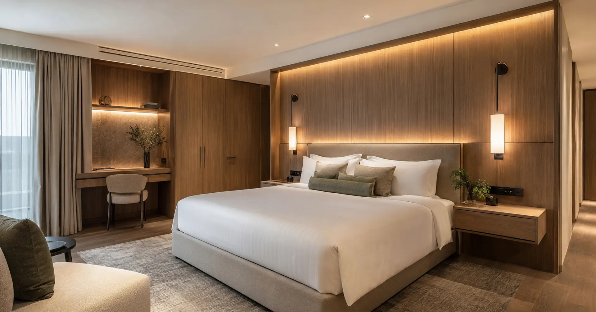 Upscale hotel room with woodwork and soft lighting