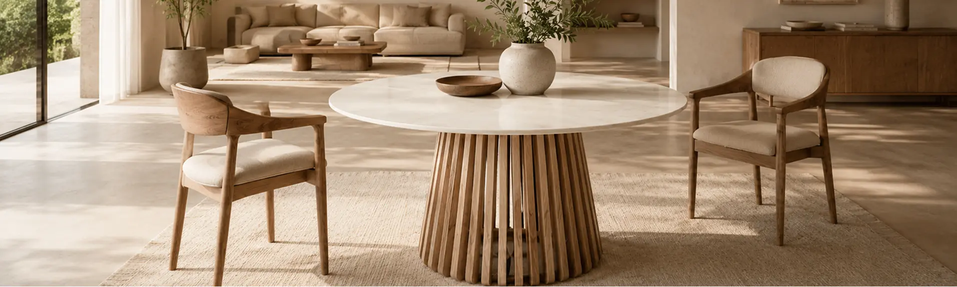 Dining room with a round wooden table and chairs