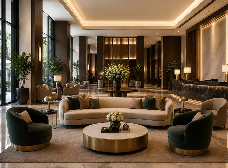 Living room with a beige sectional sofa and a wooden coffee table